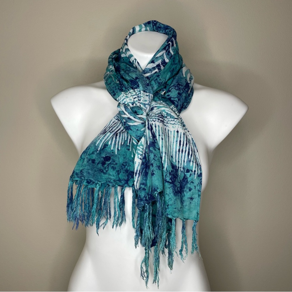 Fringed Blue/Bluegreen Leaf Print 20” x 64” Batik Scarf